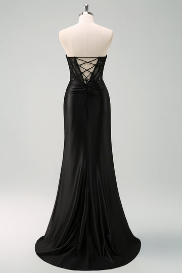 Black Corset Strapless Satin Mermaid Maxi Dress